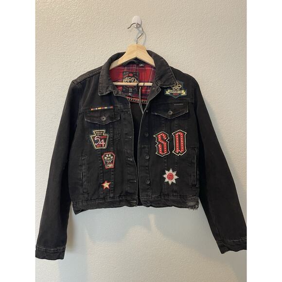 SUPERDRY Jacket NWT Women Size 8 Trucker Jean Patches Denim Black - Picture 3 of 13
